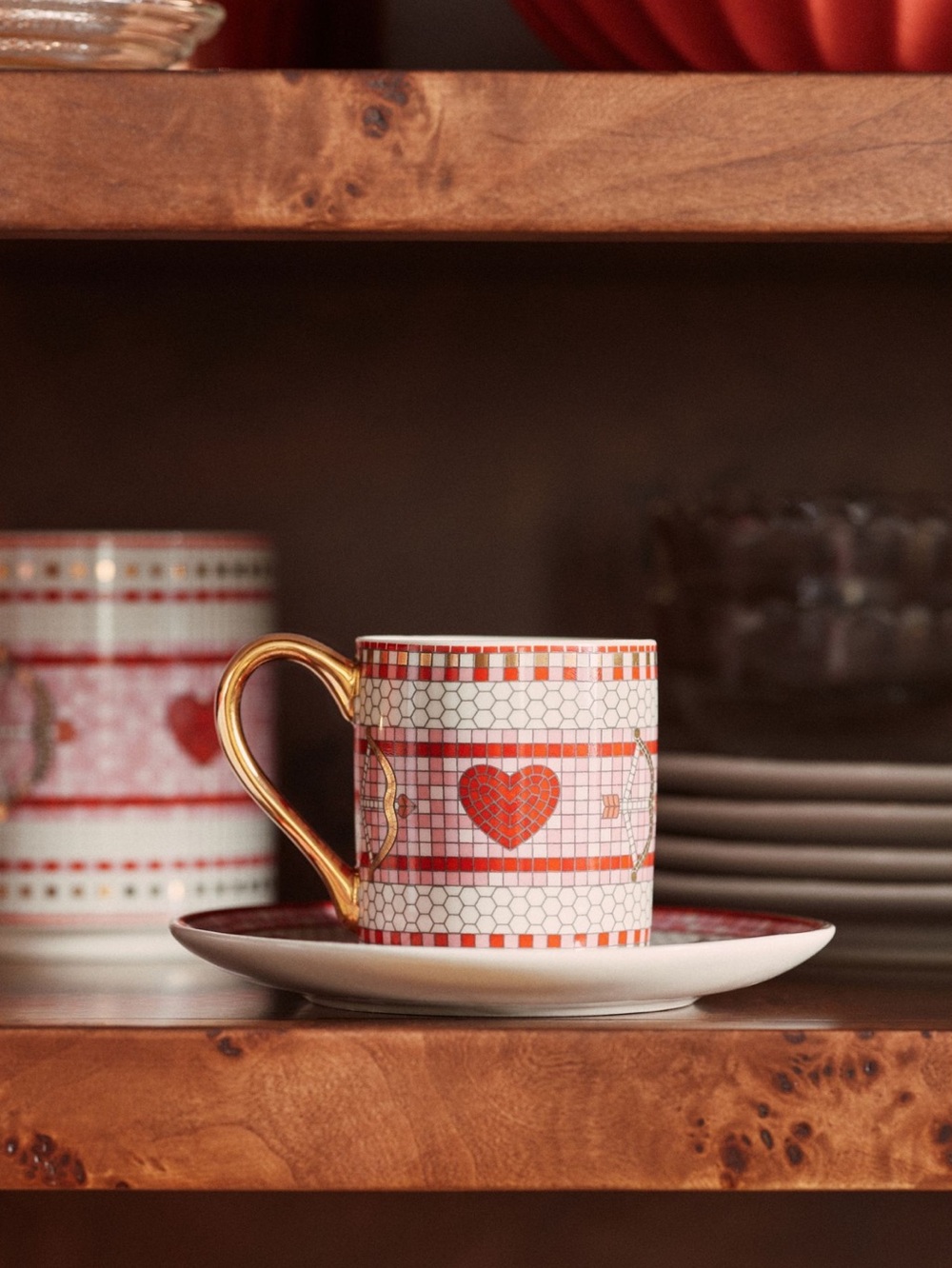 Anthropologie Bistro Espresso Cup Saucer 24KT Tile Stoneware Heart Bow & Arrow - Picture 1 of 14